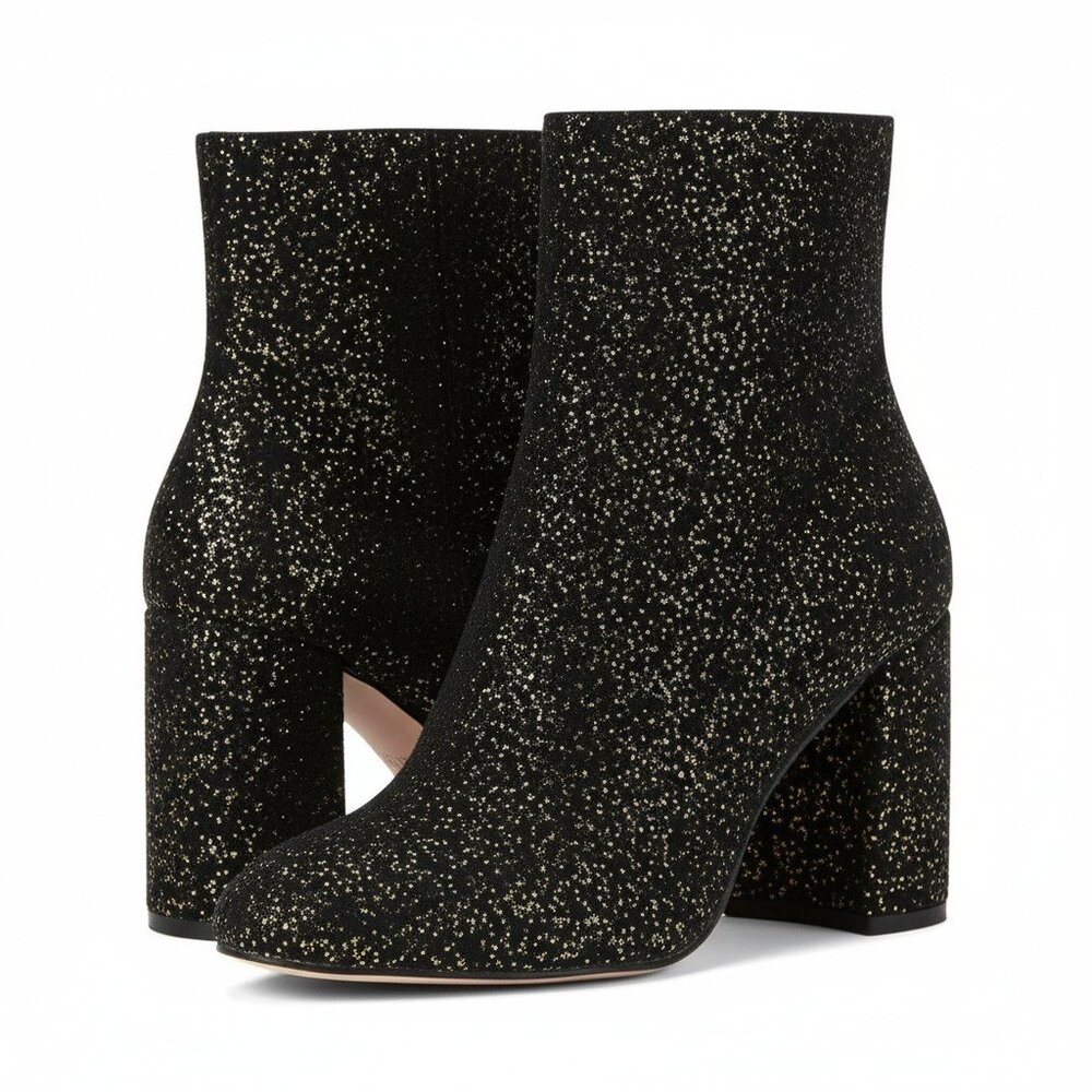 NIB Nanette Lepore Lilly Booties Women's 7 Black Suede Gold Sparkle Block Heel